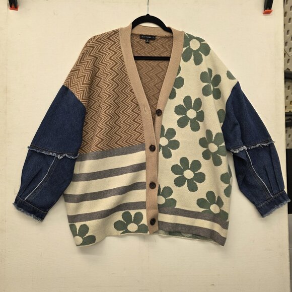 Blue Brush Pieced Cardigan Sweater Women's Size Medium - Picture 3 of 11